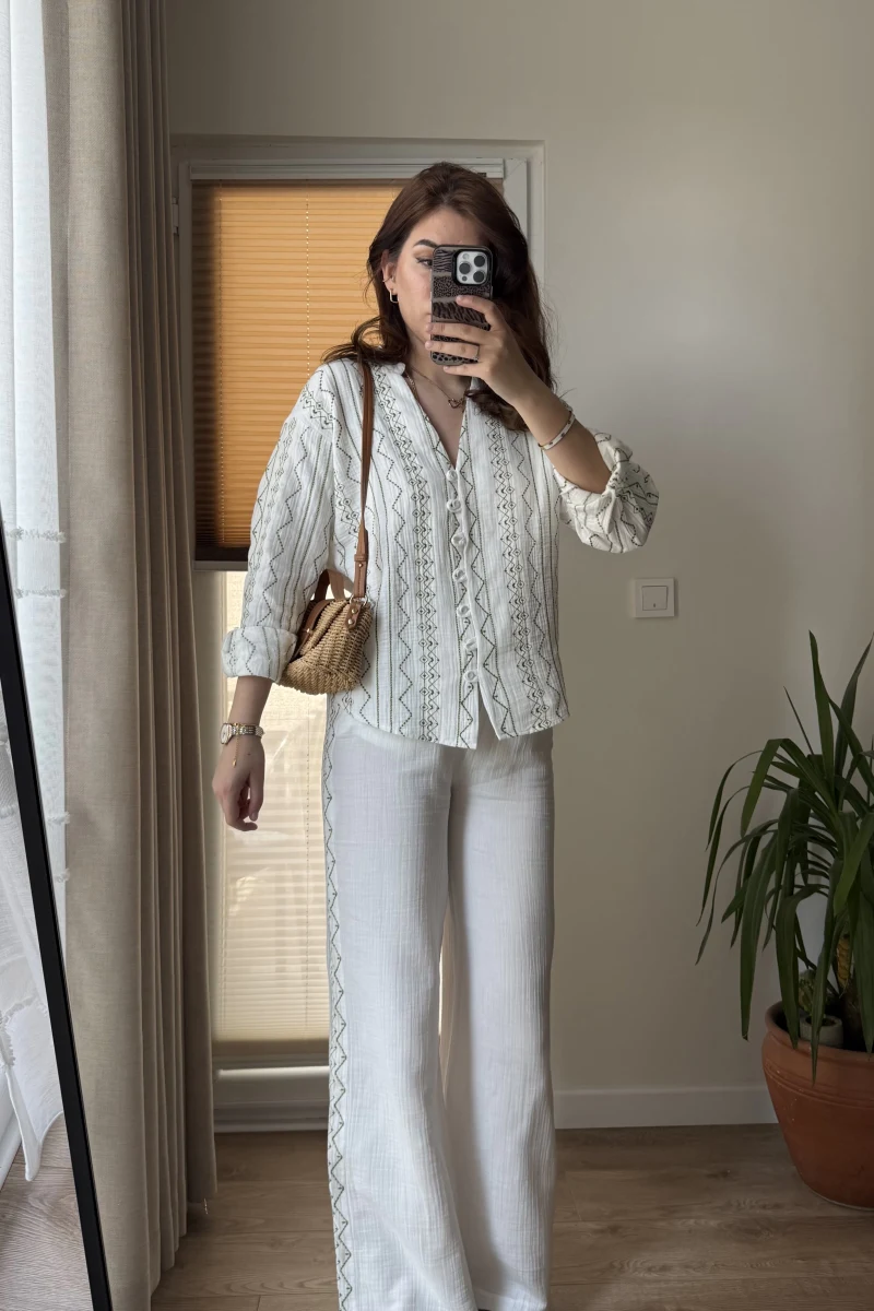 Nakışlı Müslin Beyaz Pantolon 4011