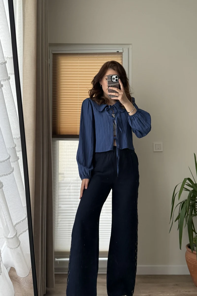 Nakışlı Müslin Lacivert Pantolon 4011
