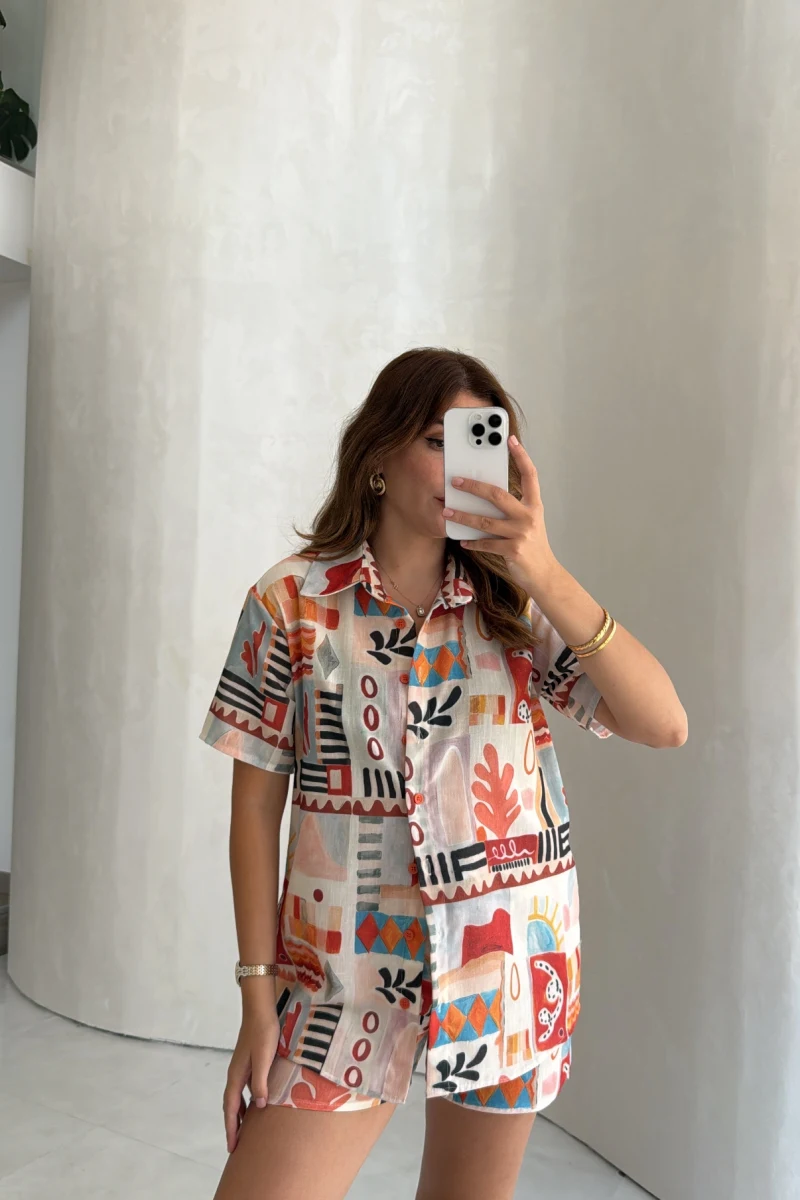 Naomi Desenli Şort Gömlek Takım - Kod: 8157