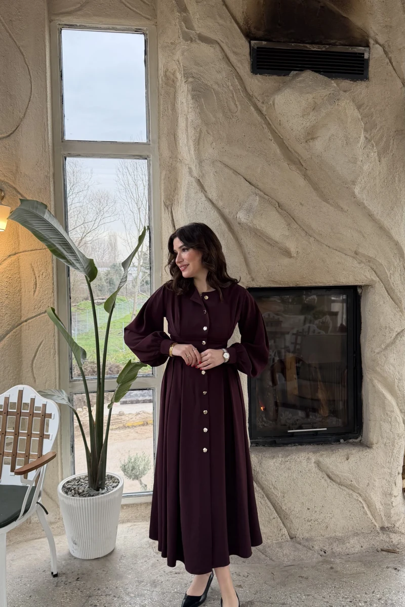 Naples Balon Kol Bel Detay Düğmeli Elbise - Mürdüm - Kod: 2337