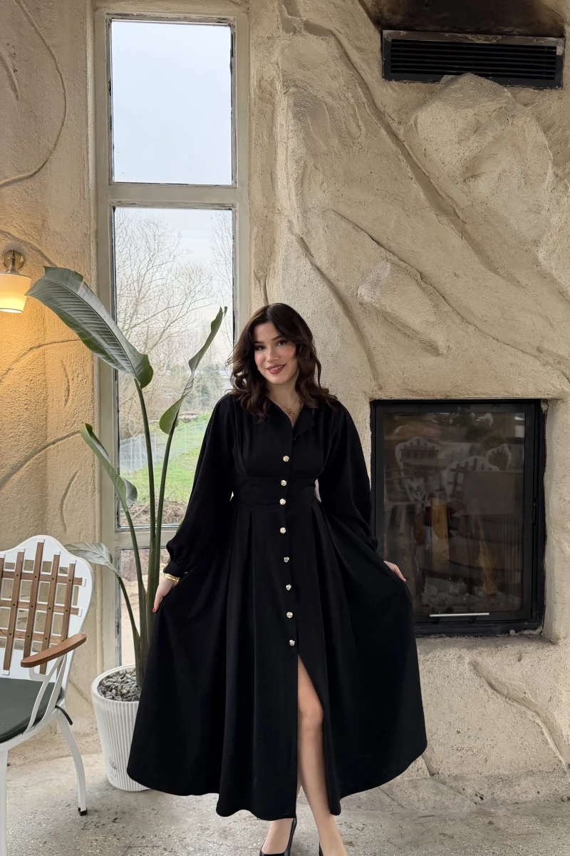 Naples Balon Kol Bel Detay Düğmeli Elbise - Siyah - Kod: 2337