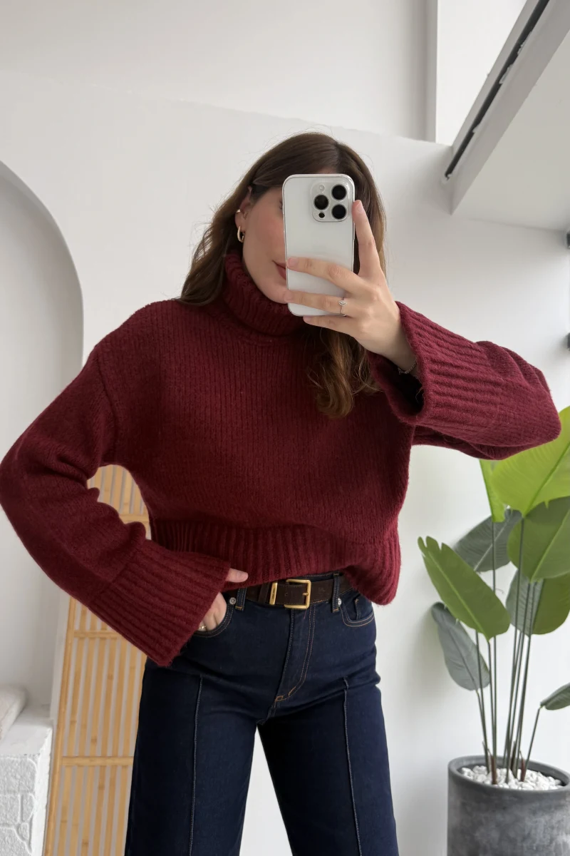 Natalie Boğazlı Kalın Kazak - Bordo - Kod: 9071