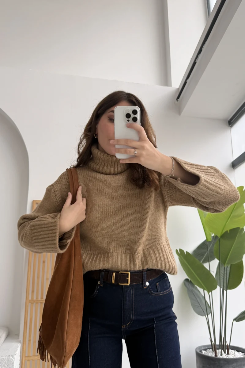 Natalie Boğazlı Kalın Kazak - Camel - Kod: 9071