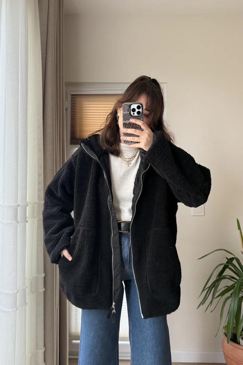 Nebraska Astarlı Peluş Siyah Hırka Ceket