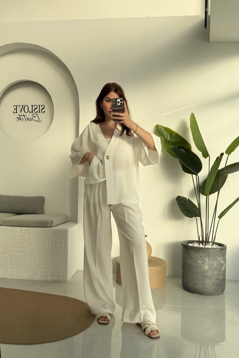 Nello Önü Düğmeli Takım - Beyaz - 51173