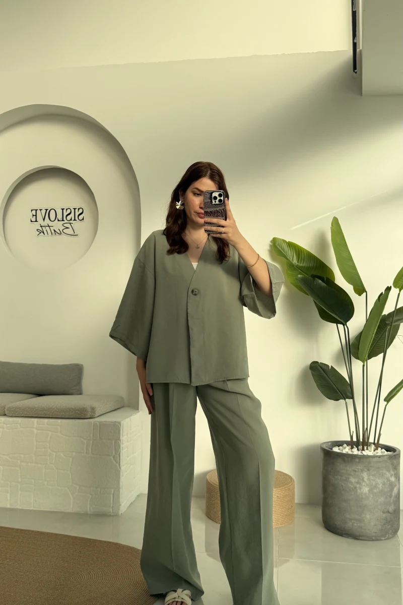 Nello Önü Düğmeli Takım - Çağla Yeşili - 51173