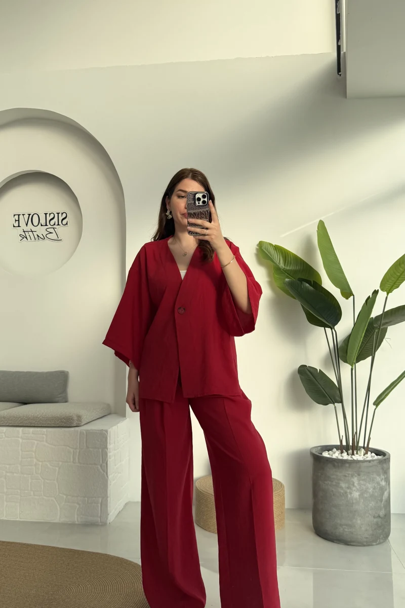 Nello Önü Düğmeli Takım - Kırmızı - 51173