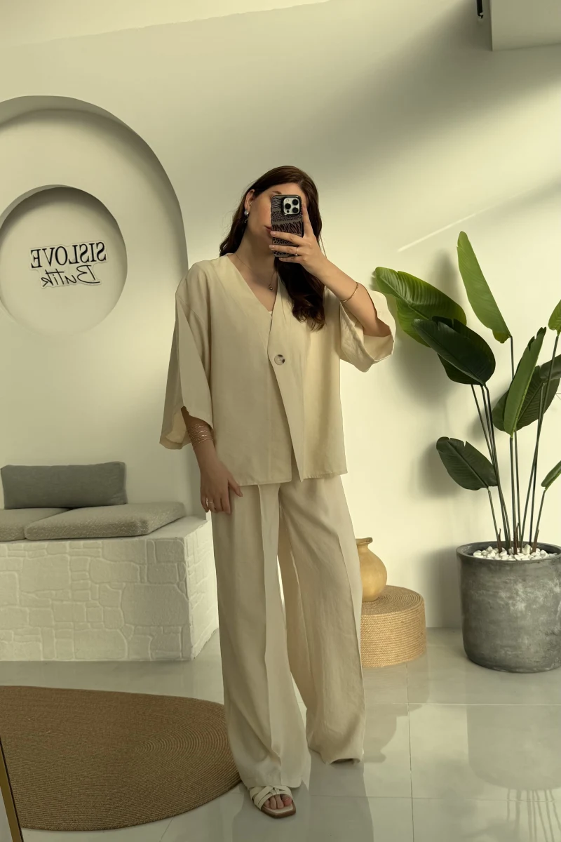 Nello Önü Düğmeli Takım - Taş - 51173