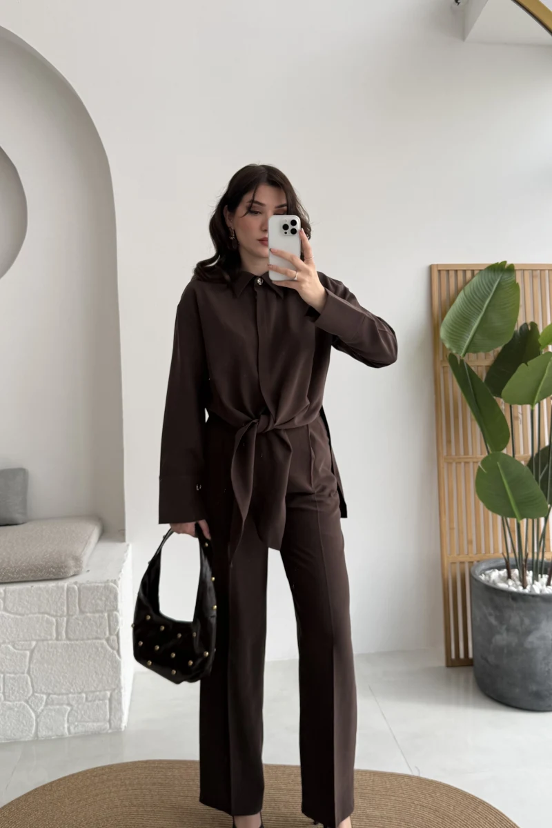 Nera Bağlamalı Bluz Takım - Kahverengi - Kod: 8869