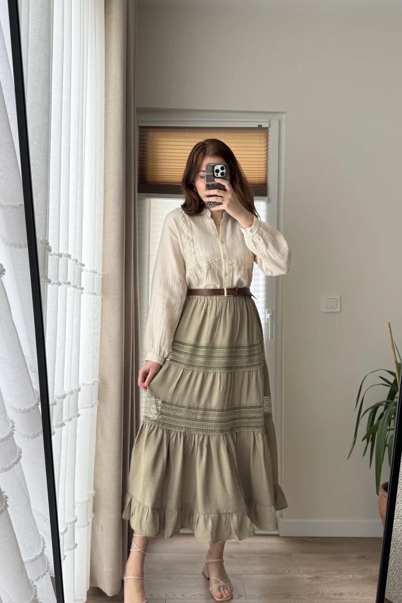 Ness Güpürlü Etek Haki