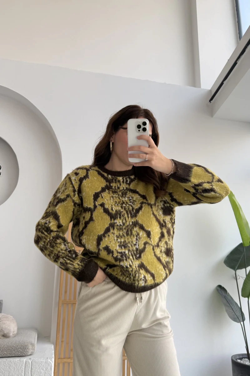 Nevina Desenli Kazak - Sarı - 9074