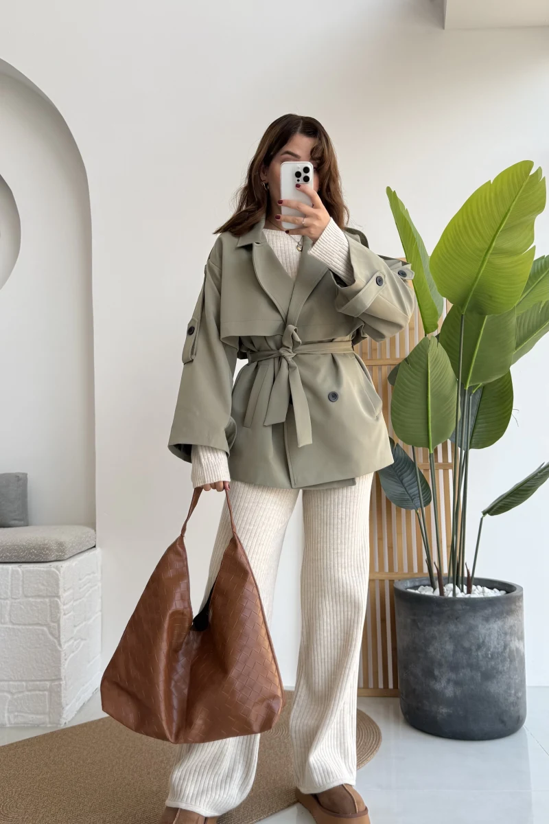 Nia Kuşaklı Kısa Trençkot - Haki - Kod: 9580