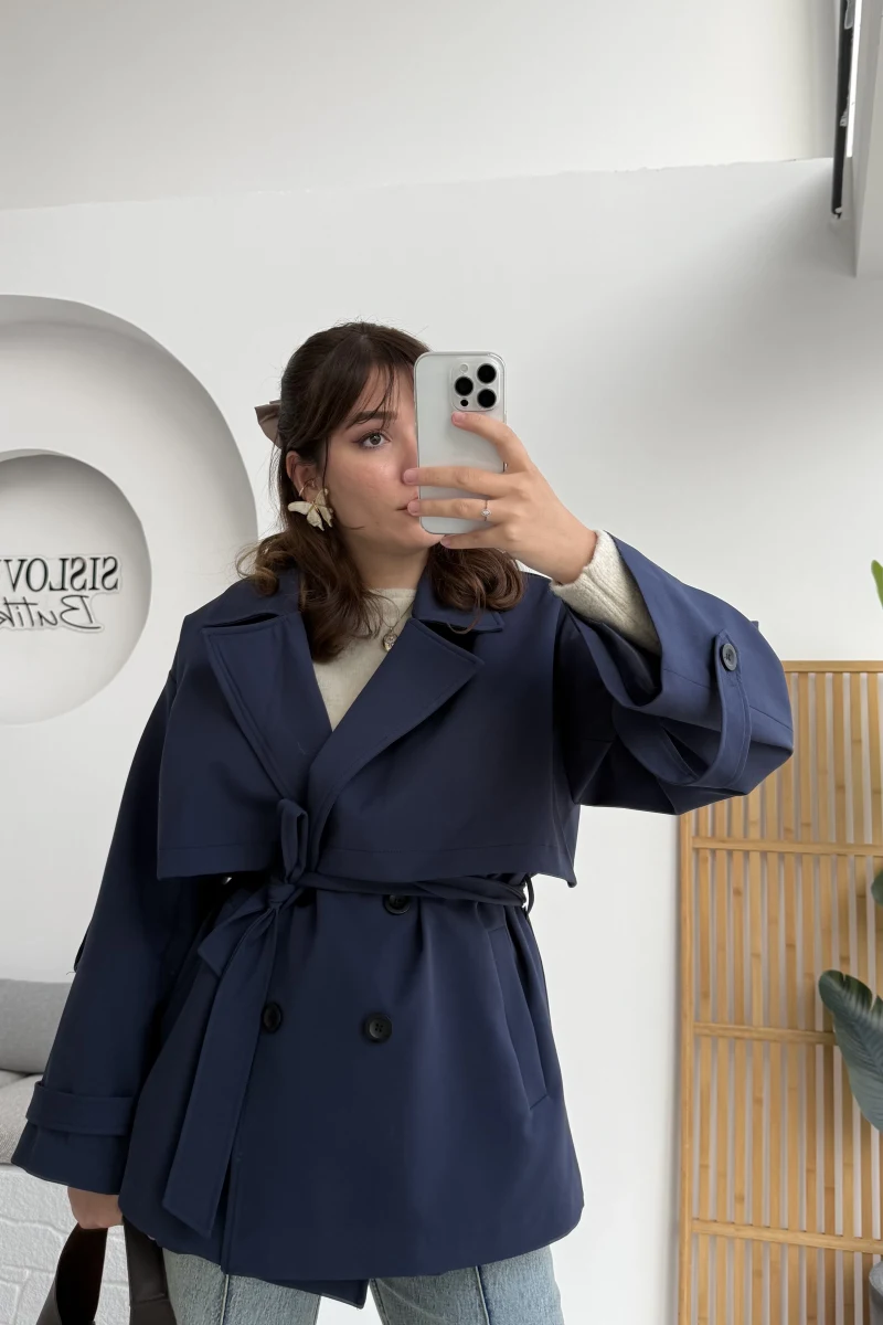 Nia Kuşaklı Kısa Trençkot - Lacivert - Kod: 9580