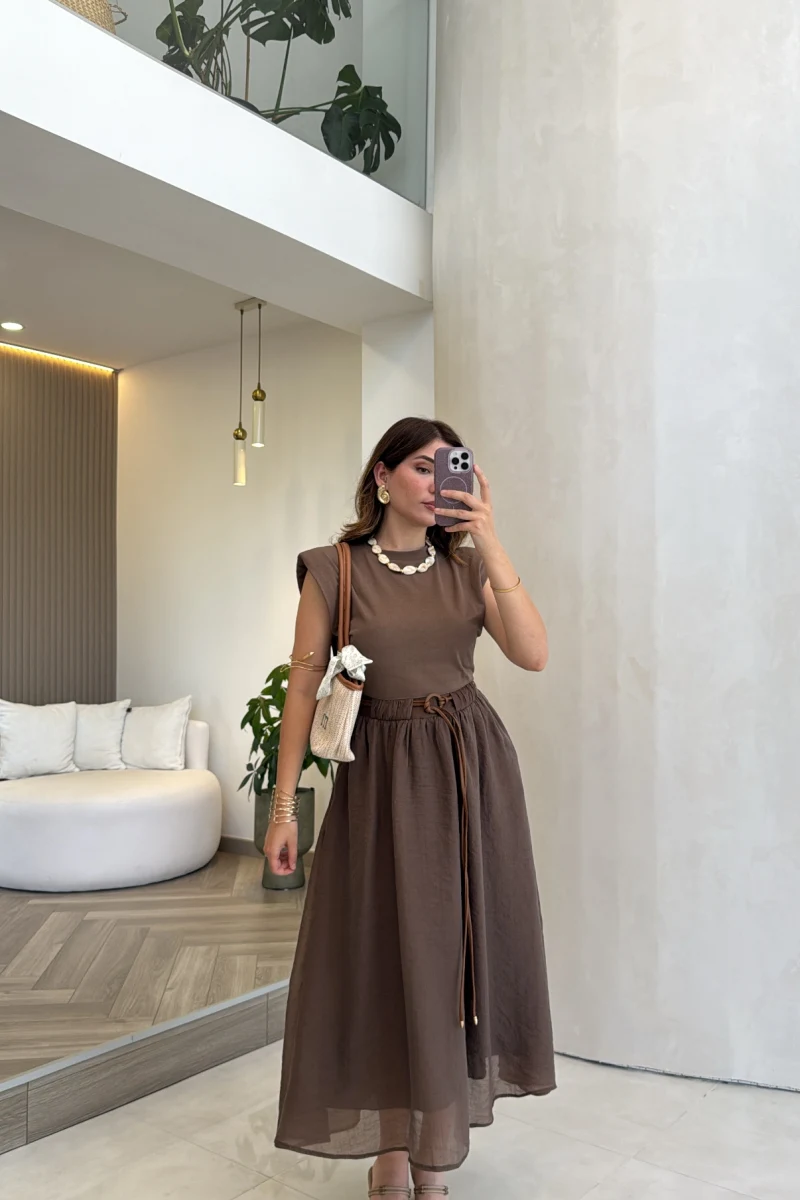 Nila Kemerli Garnili Elbise - Kahve - Kod: 0103