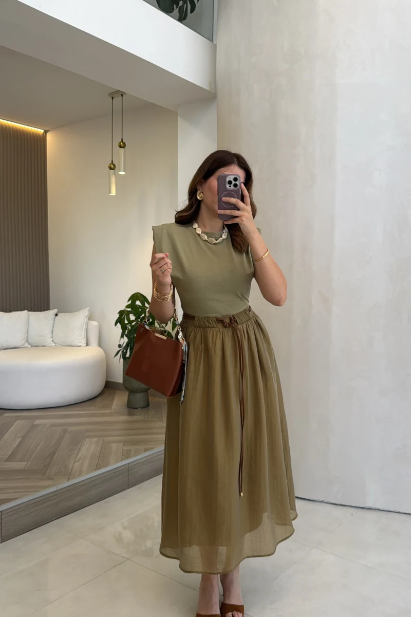Nila Kemerli Garnili Elbise - Olive - Kod: 0103