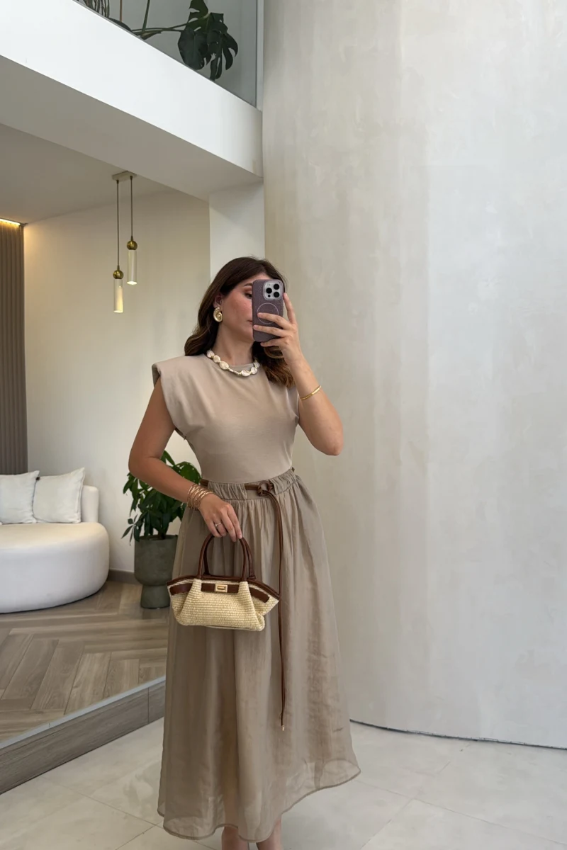 Nila Kemerli Garnili Elbise - Vizon - Kod: 0103