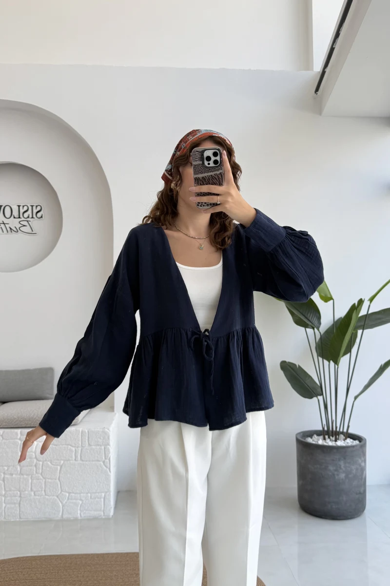 1032 - Nima Bağlama Detay Bluz - Lacivert
