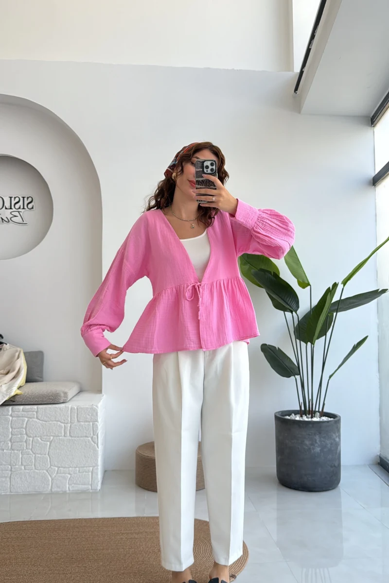 1032 - Nima Bağlama Detay Bluz - Şeker Pembesi