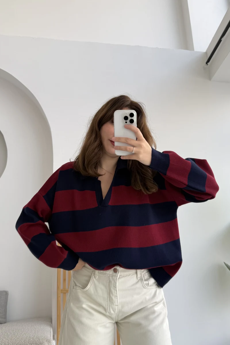 No:2 Petit Çizgili Kazak - Bordo - Kod: 34101