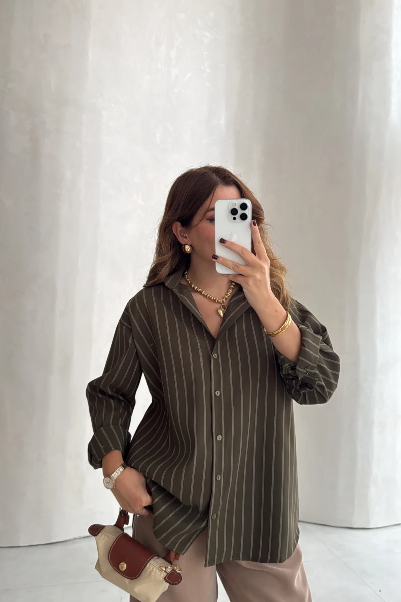 Nora Uzun Çizgili Gömlek - Haki - Kod: 2165