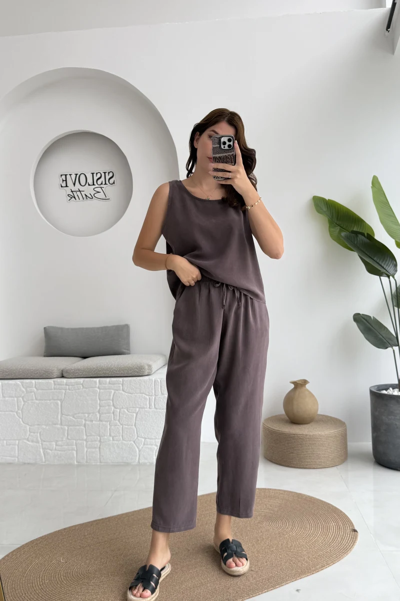 Nova Kalın Askılı Bluz Pantolon Takım - Kahve