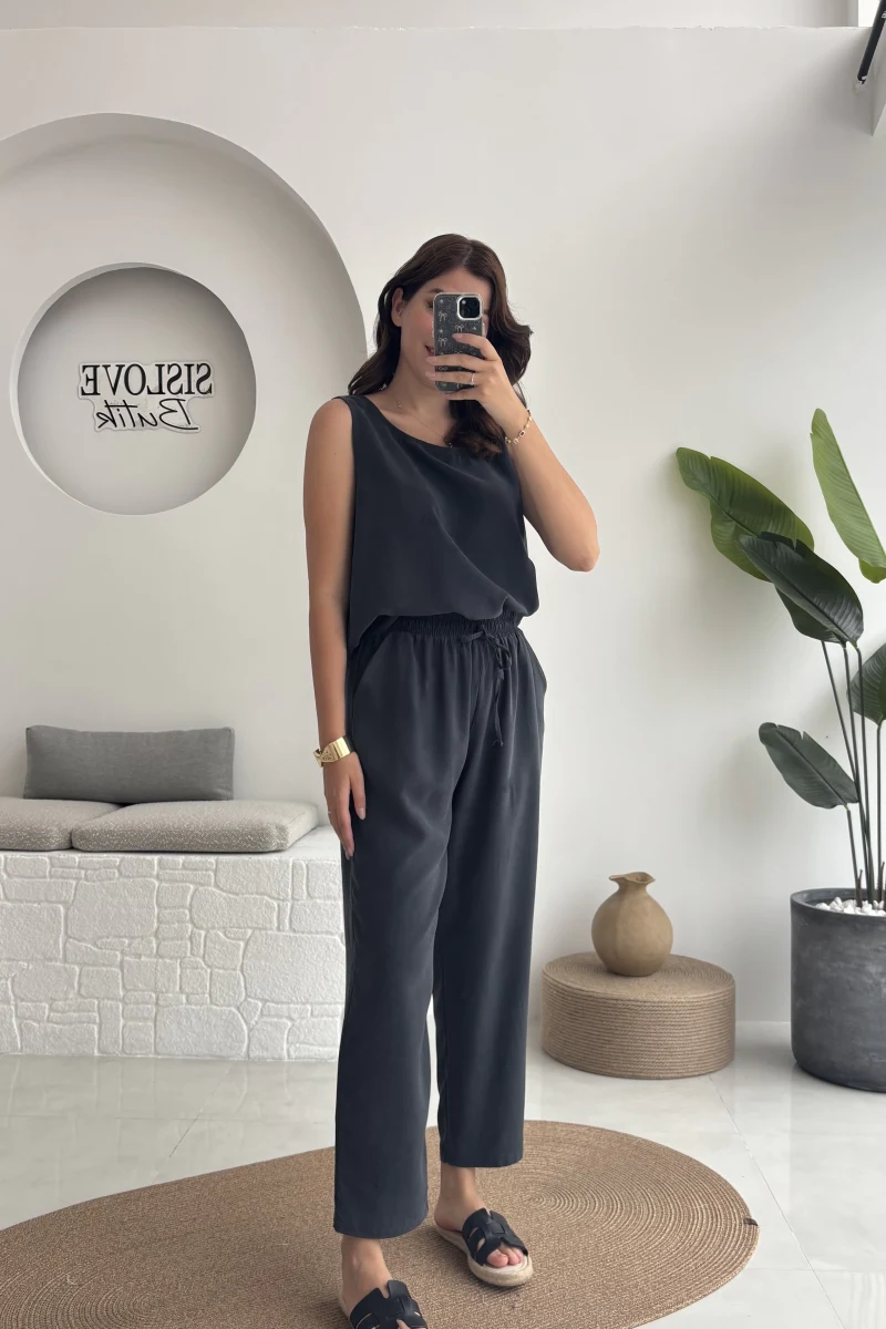 Nova Kalın Askılı Bluz Pantolon Takım - Koyu Antrasit