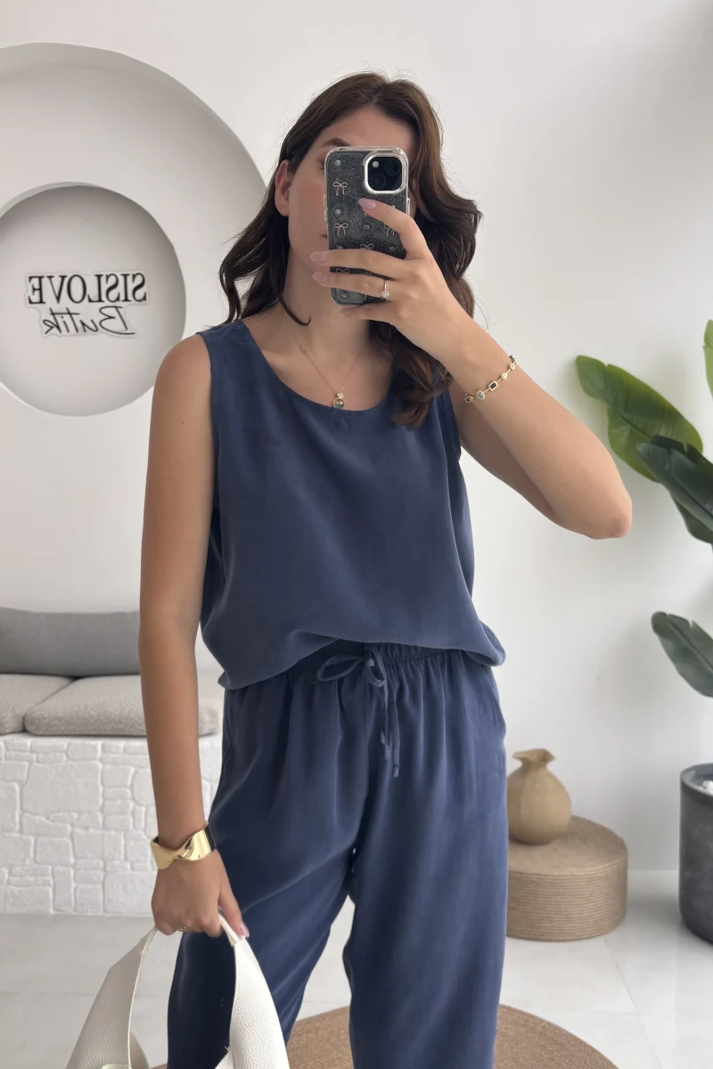 Nova Kalın Askılı Bluz Pantolon Takım - Lacivert