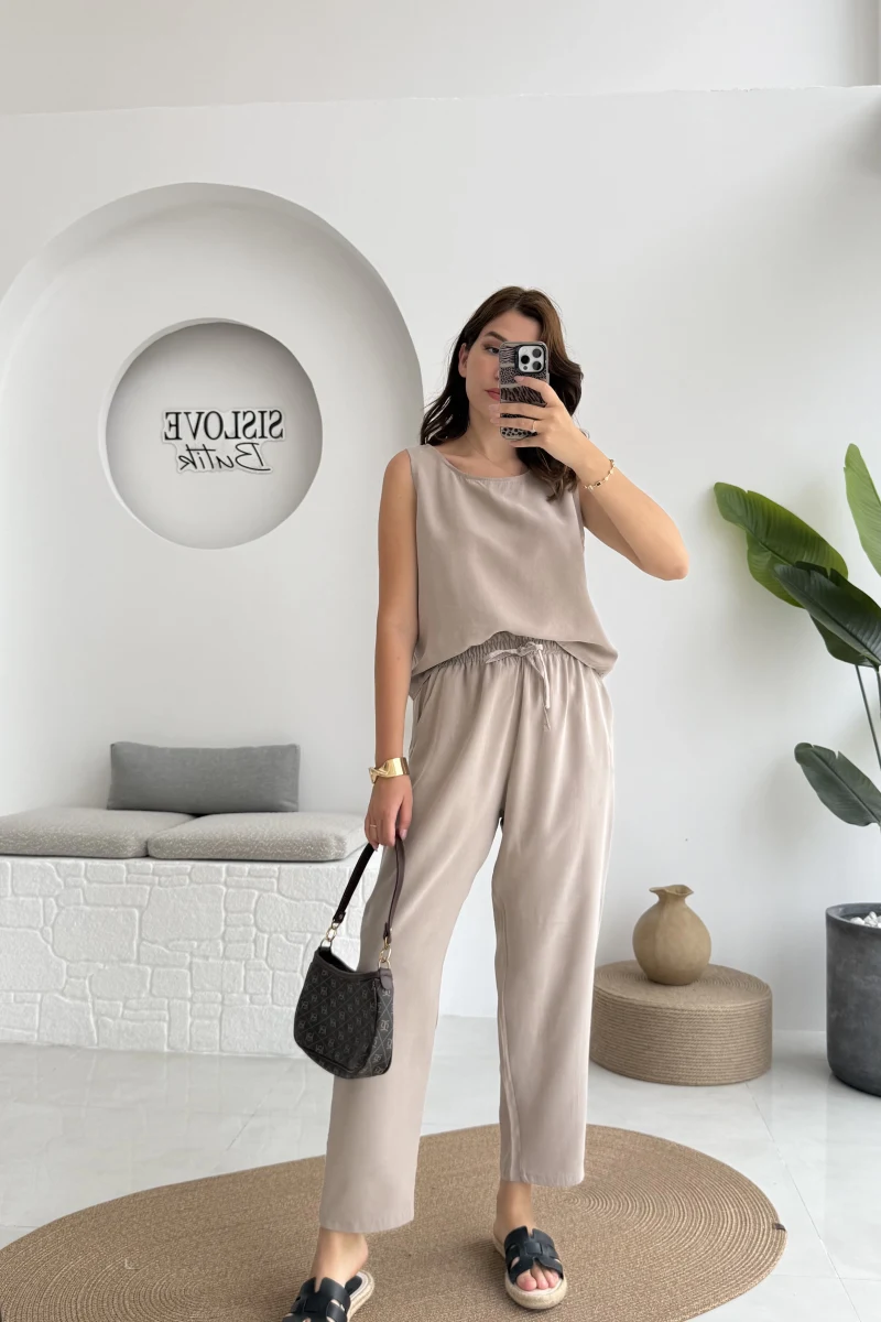 Nova Kalın Askılı Bluz Pantolon Takım - Vizon