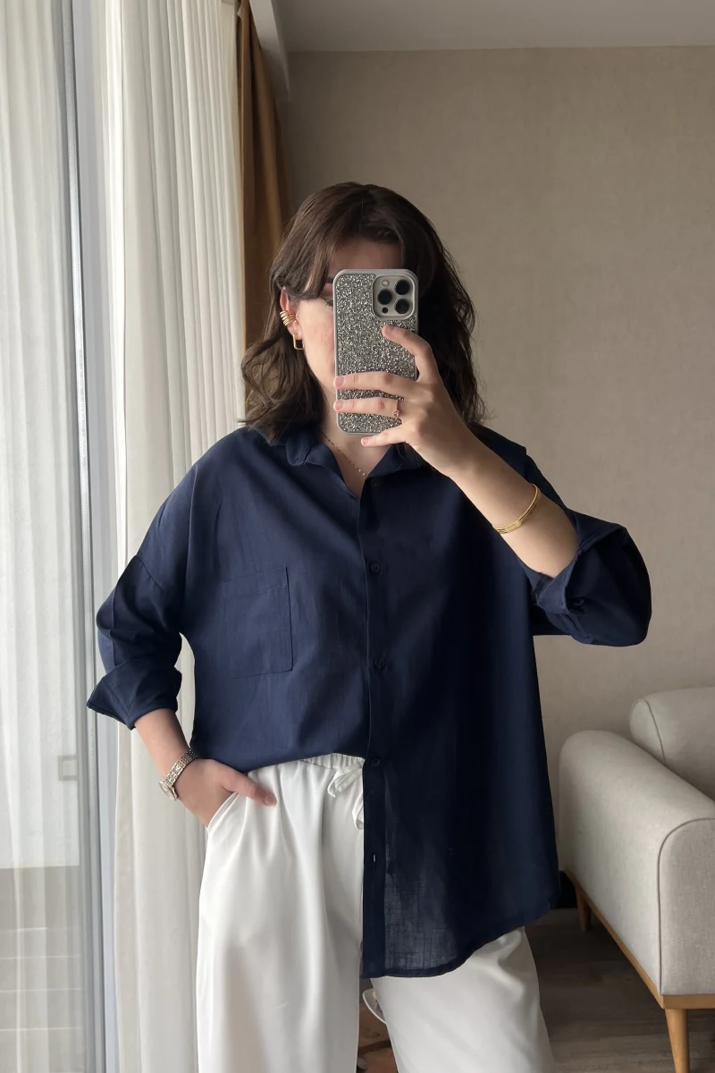 Nude Keten Lacivert Gömlek