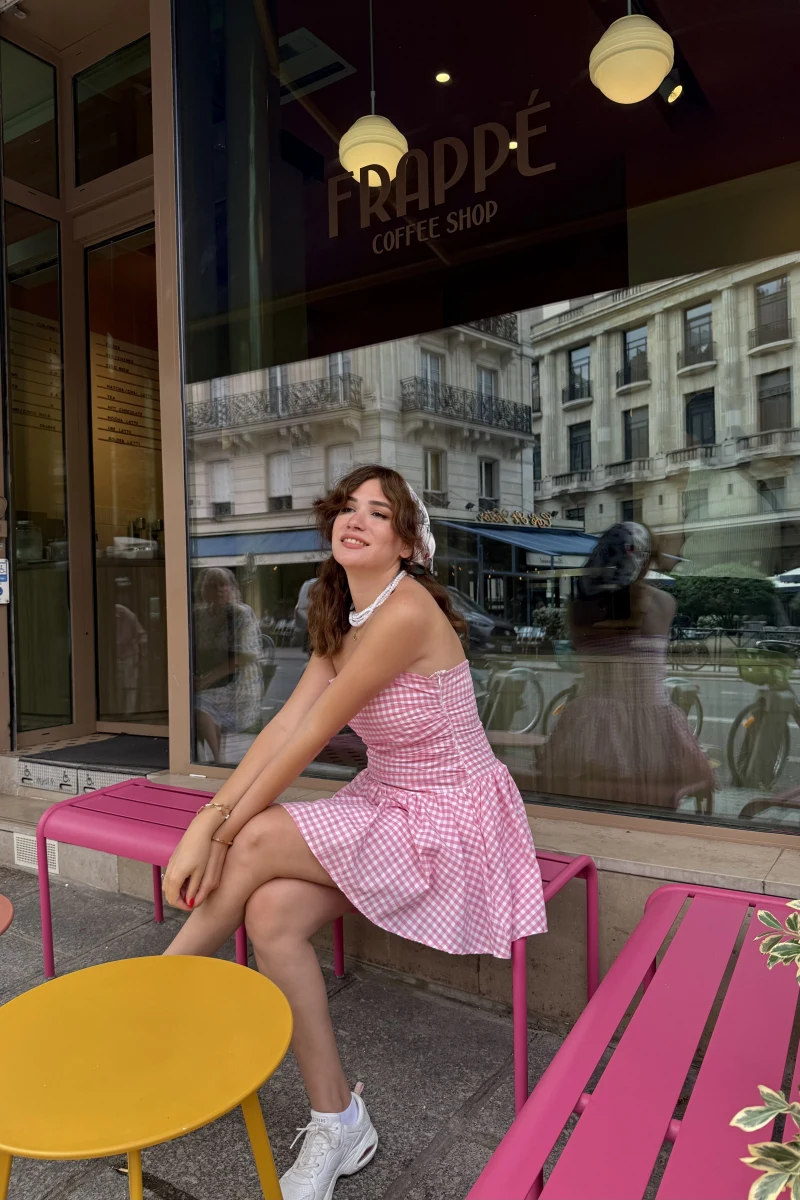 Olé Straplez Pötikare Desenli Pembe Elbise