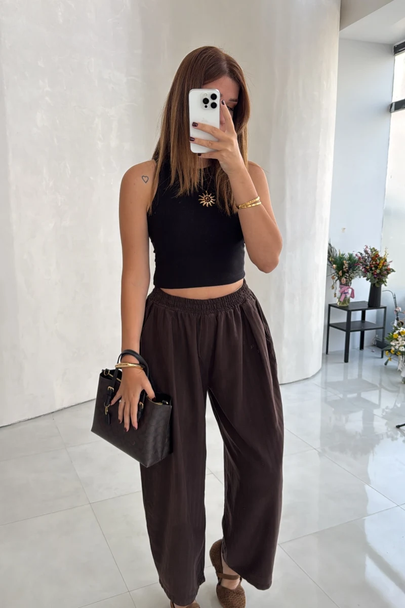 Olıvıa Çizgili Balon Pantolon - Acı Kahve - Kod: 031748