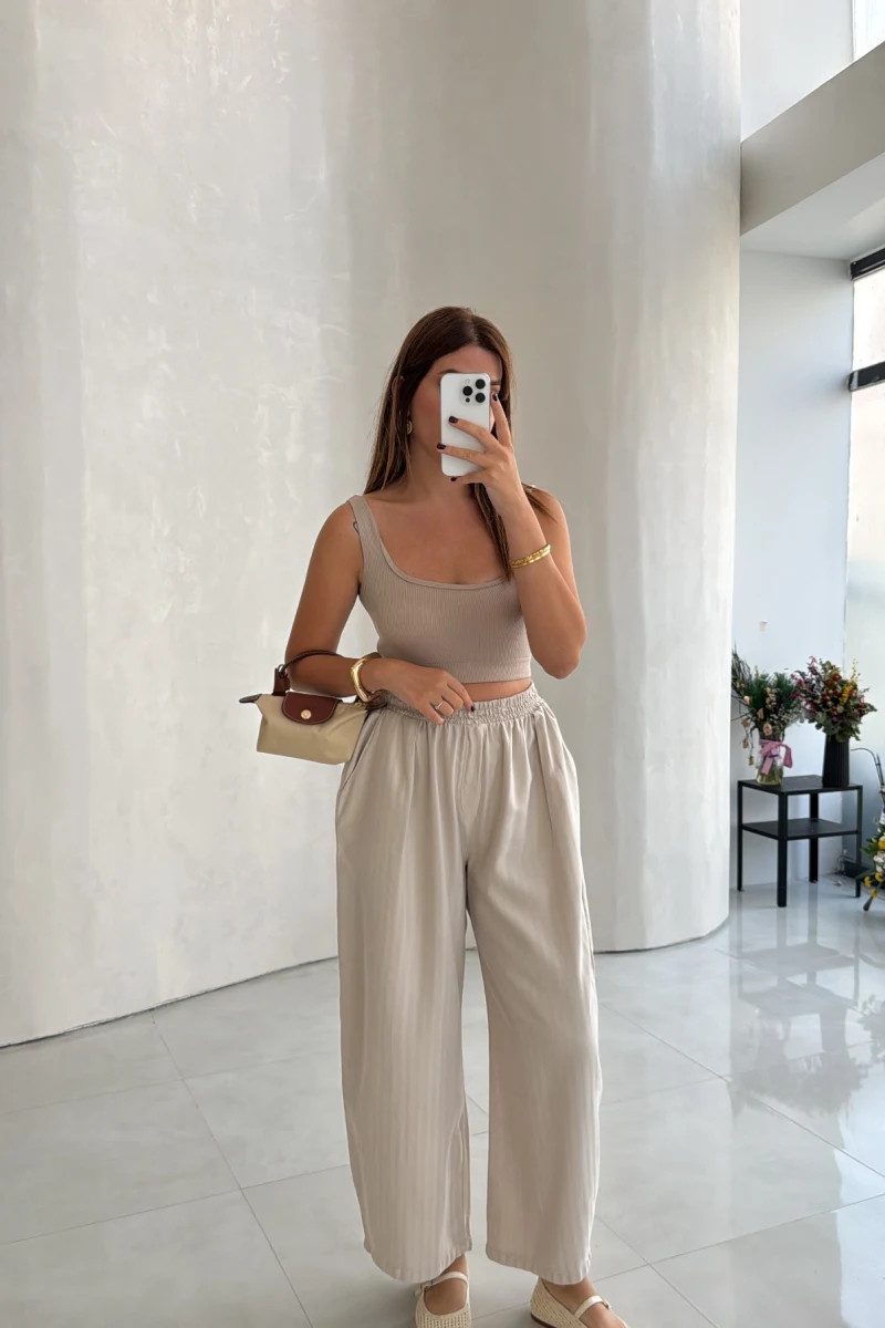 Olıvıa Çizgili Balon Pantolon - Taş - Kod: 031748