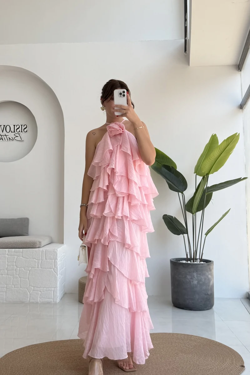 Olivia Gül Detaylı Kat Kat Elbise Pembe