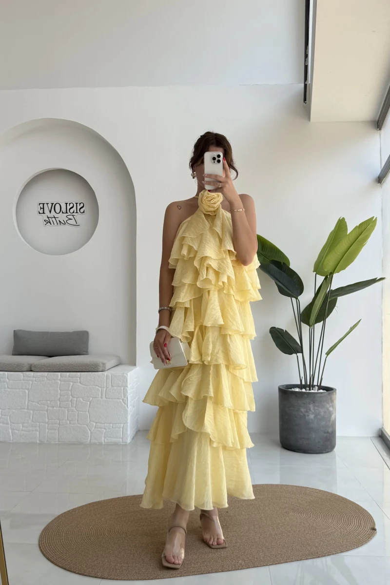 Olivia Gül Detaylı Kat Kat Elbise Sarı