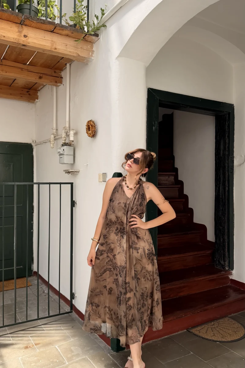 Omuzdan Düğümlü Elbise - Camel - Kod: 3429