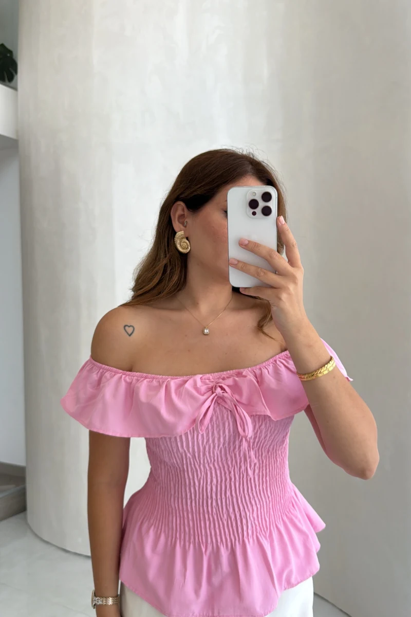 Önü Bağlamalı Gipeli Bluz - Pembe - Kod: 71794
