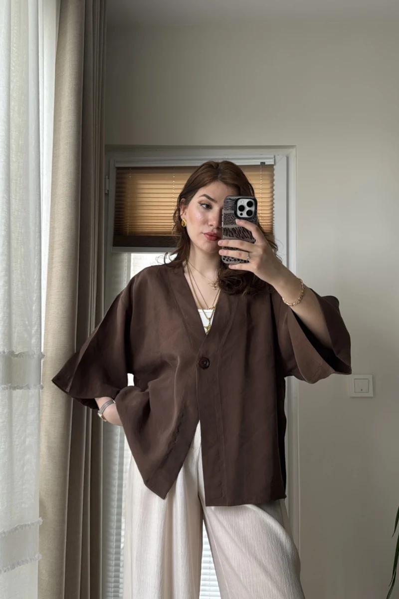Önü Düğmeli Gömlek - Kahve