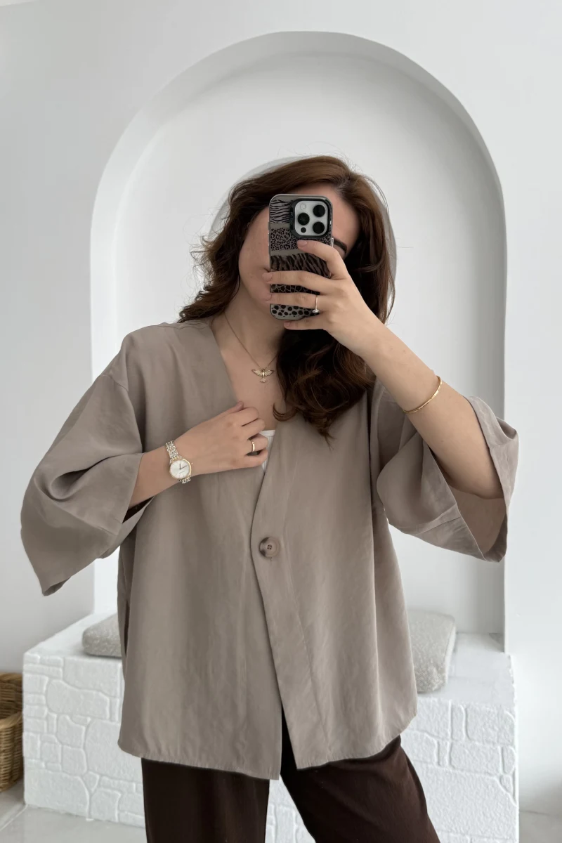 Önü Düğmeli Gömlek - Vizon