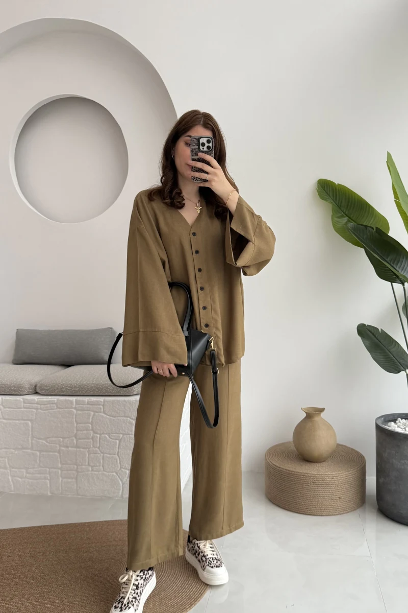 Önü Düğmeli Kimono Keten Takım - 8702 - Haki