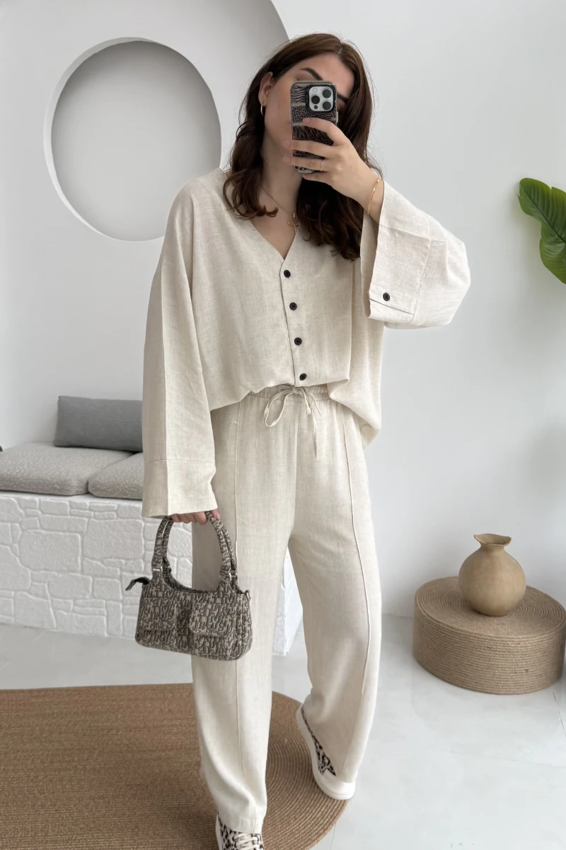 Önü Düğmeli Kimono Keten Takım - 8702 - Natural