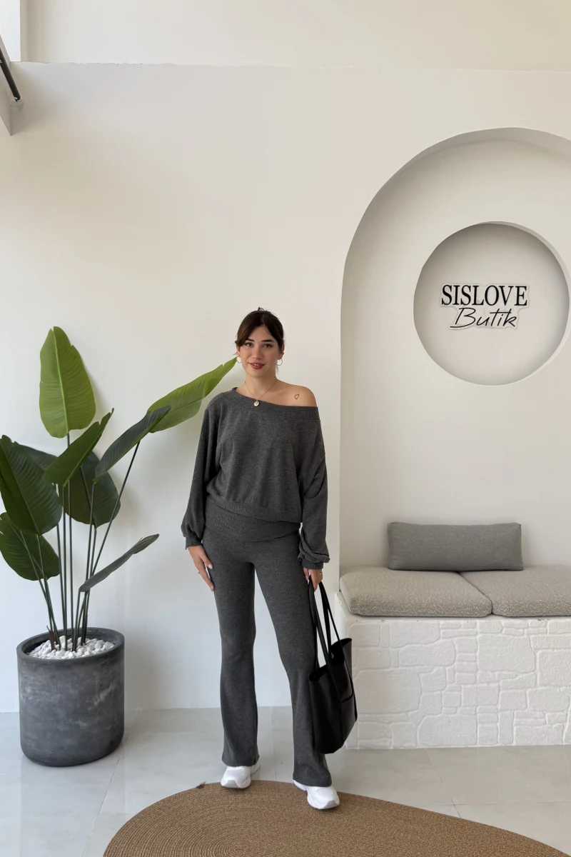 Ophelia Kayık Yaka Triko Takım - Antrasit - Kod: 2289