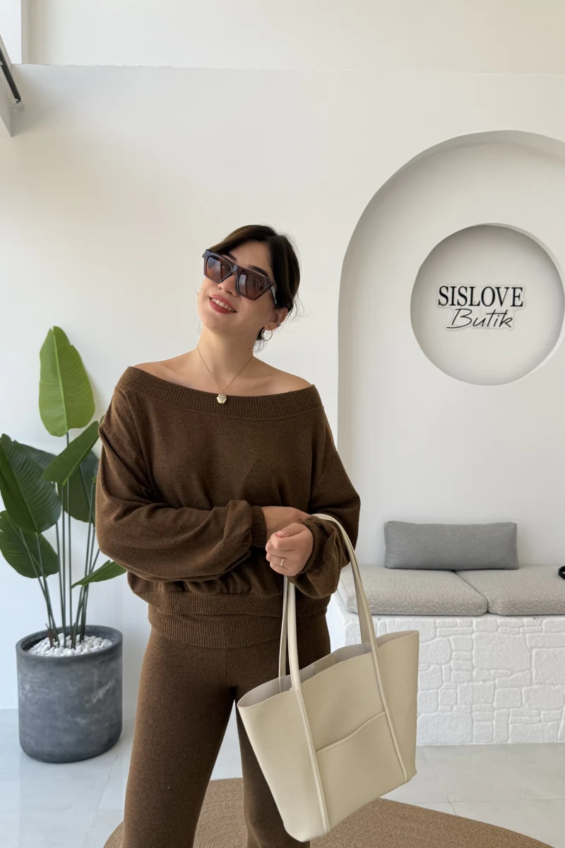 Ophelia Kayık Yaka Triko Takım - Kahverengi - Kod: 2289