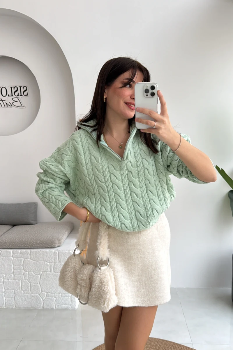 Örgülü Dik Yaka Fermuarlı Kazak - Açık Yeşil - Kod: 231078