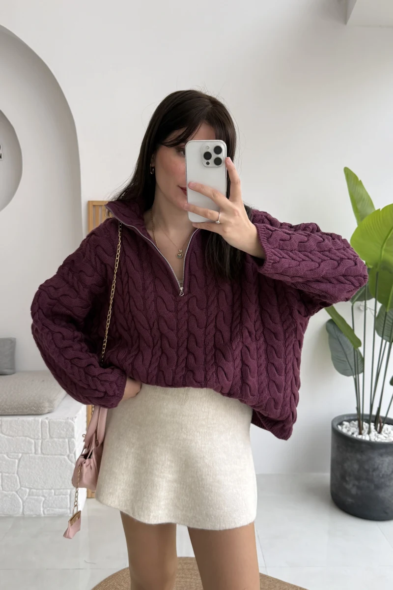 Örgülü Dik Yaka Fermuarlı Kazak - Cherry - Kod: 231078