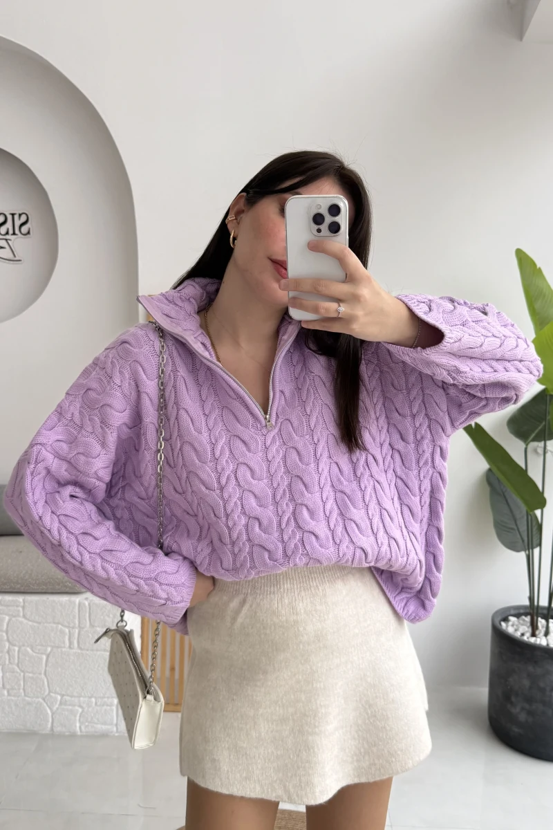 Örgülü Dik Yaka Fermuarlı Kazak - Lila - Kod: 231078