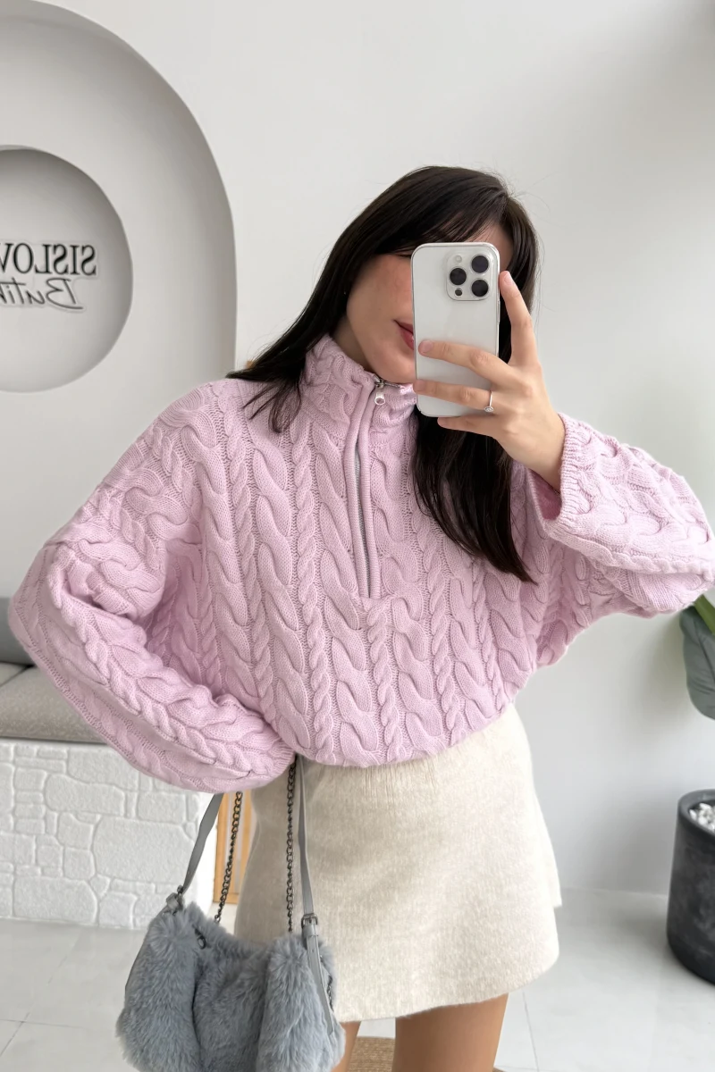 Örgülü Dik Yaka Fermuarlı Kazak - Pudra - Kod: 231078