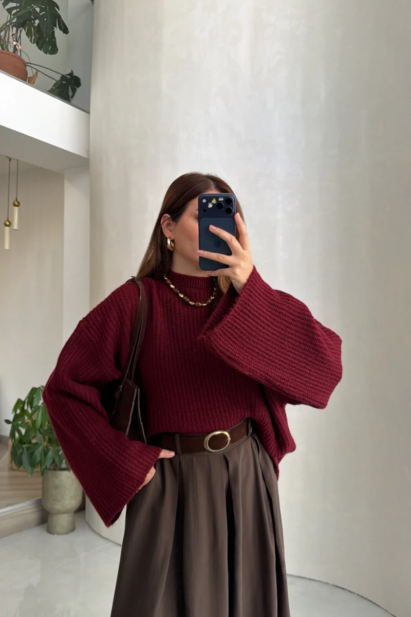 Oversize Bol Kol Triko Kazak - Bordo