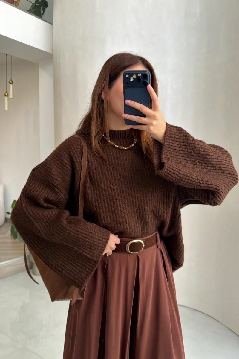 Oversize Bol Kol Triko Kazak - Kahverengi