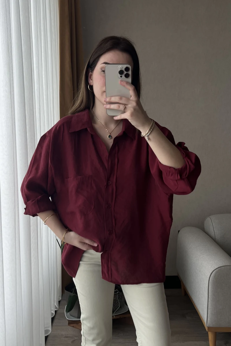 Bordo Oversize Tensel Gömlek Kod: 4612