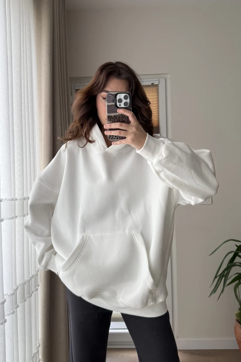 Oversize Kapüşonlu 3 İplik Şardonlu Sweatshirt Beyaz